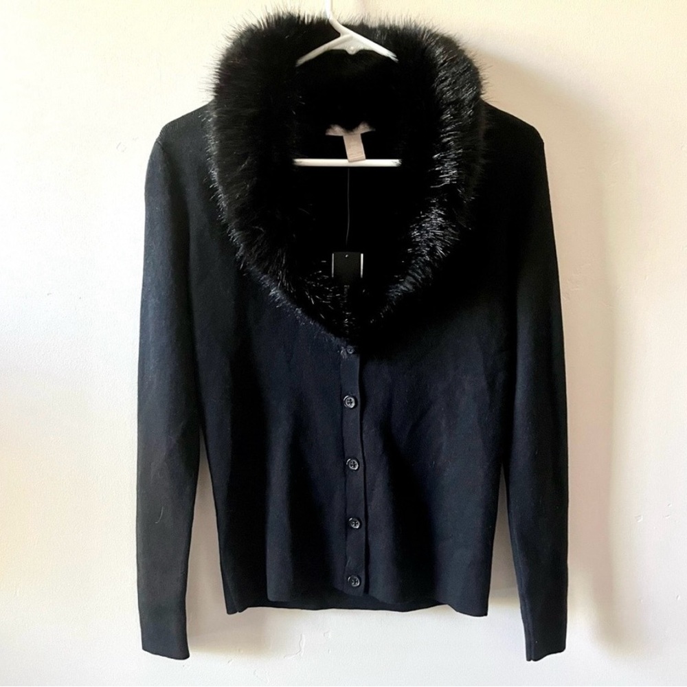Banana Republic Black Cardigan with Faux Fur Collar NWT
